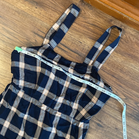 💛S💛 Plaid Mini Dress Sleeveless Apron Patch Pockets Summer Spring - Picture 3 of 9